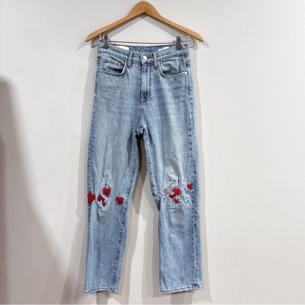 BLDWN Vintage Straight Jeans Women 25 Heart Embroidered Denim Grunge Valentine
